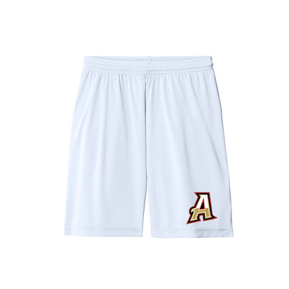White athletic shorts with a drawstring waist and a stylized letter 'A' logo in red, gold, and white on the lower left leg, shown against a plain white background.