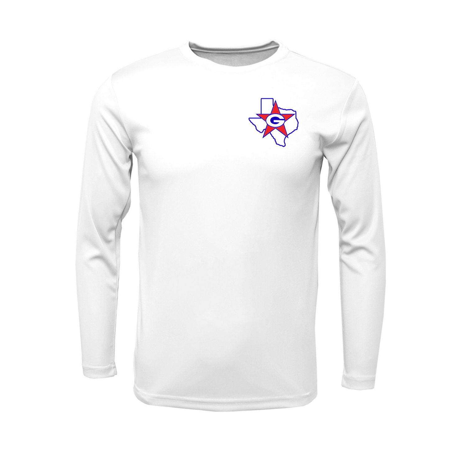 White long-sleeve shirt with a logo on the chest against a white background