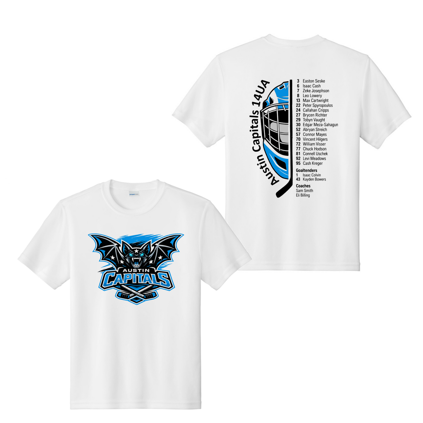 White short-sleeve T-shirt shown from both front and back on a light gray background. The front features a blue and black Austin Capitals 144 logo.