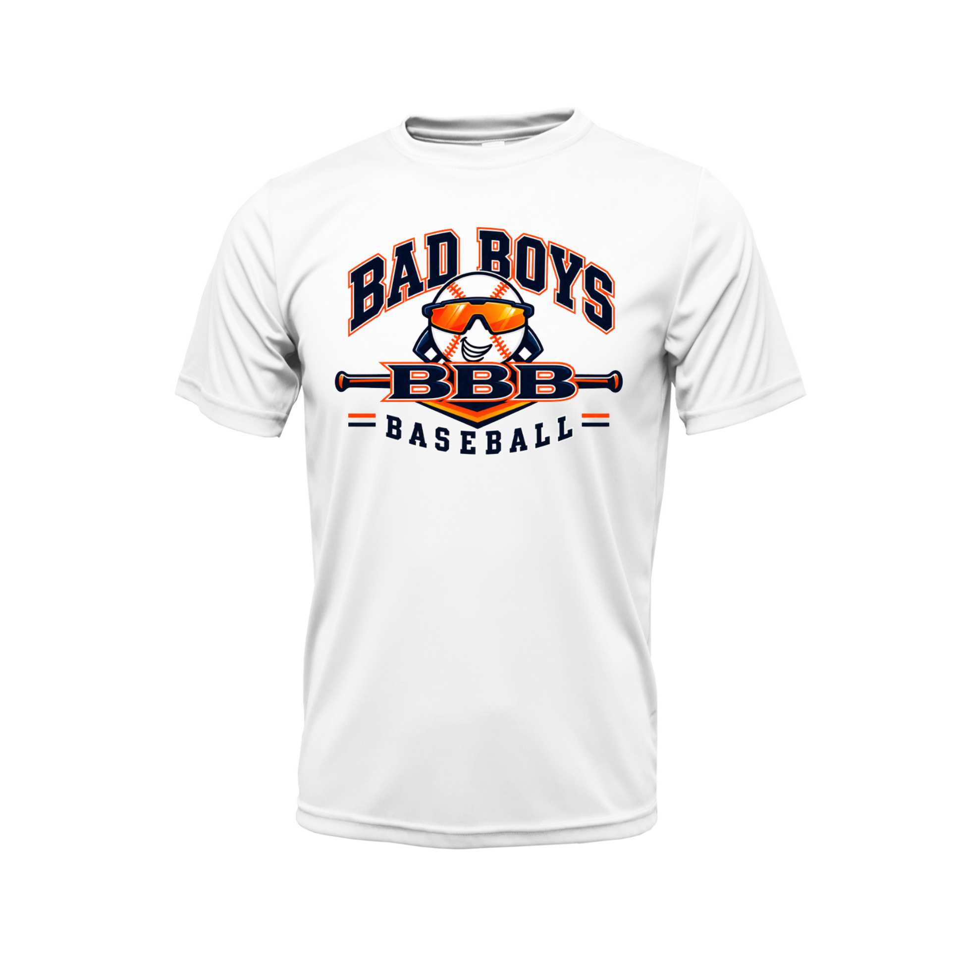 White Bad Boys Baseball performance shirt with navy and orange BBB baseball graphic