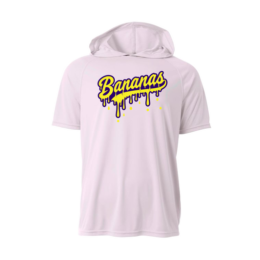 White Hooded Bananas Drip Shirt, Short Sleeve Hooded Tee, Bananas Softball Spiritwear