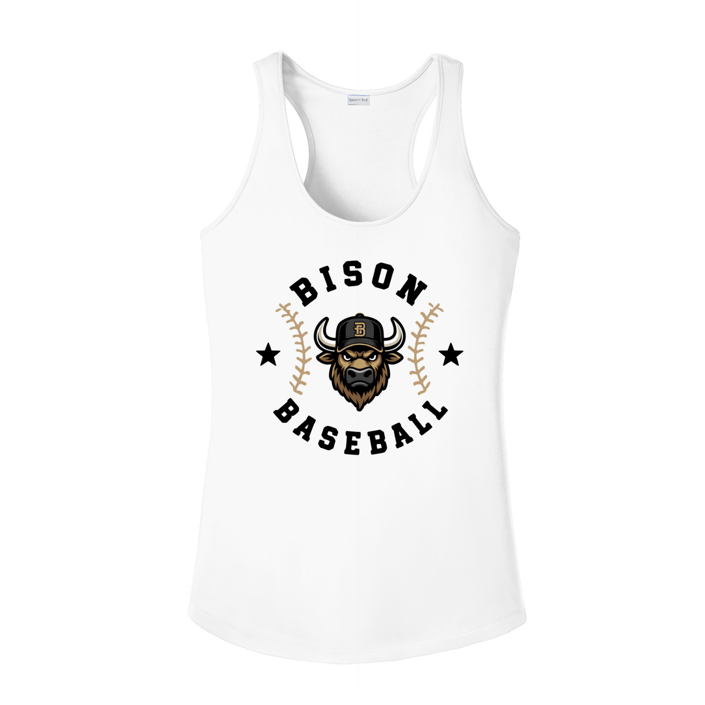 White Bison Baseball women’s racerback tank top with Bison mascot and baseball stitching design
