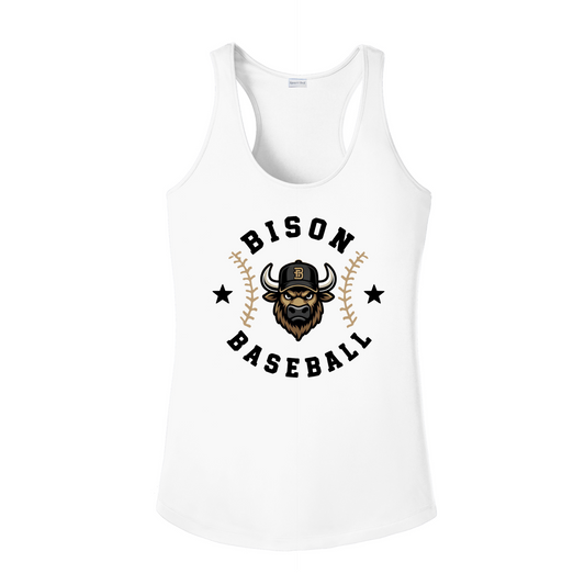 White Bison Baseball women’s racerback tank top with Bison mascot and baseball stitching design