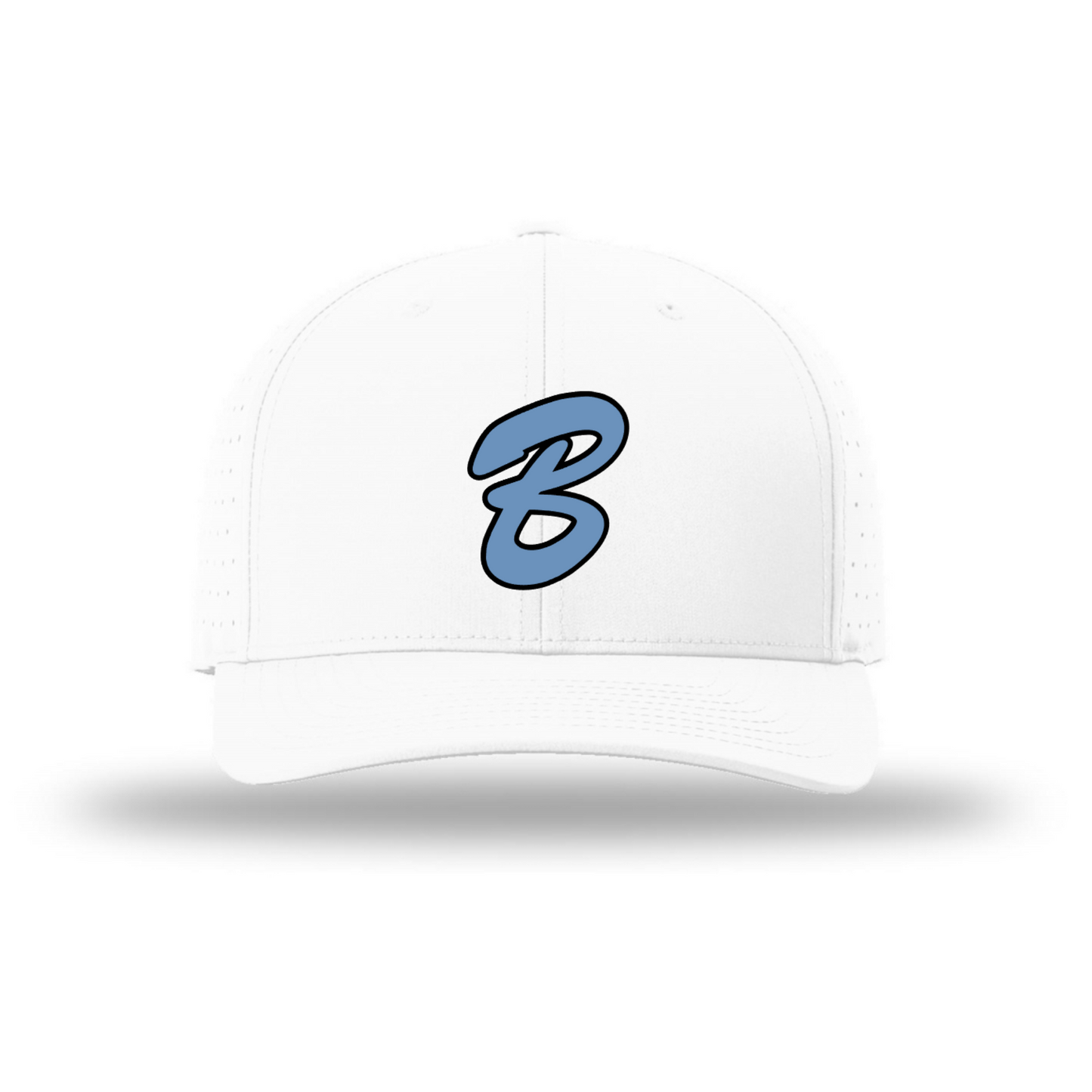 A white structured baseball cap with a curved brim, featuring a light blue embroidered stylized letter 'B' on the front, set against a plain white background with a soft drop shadow.