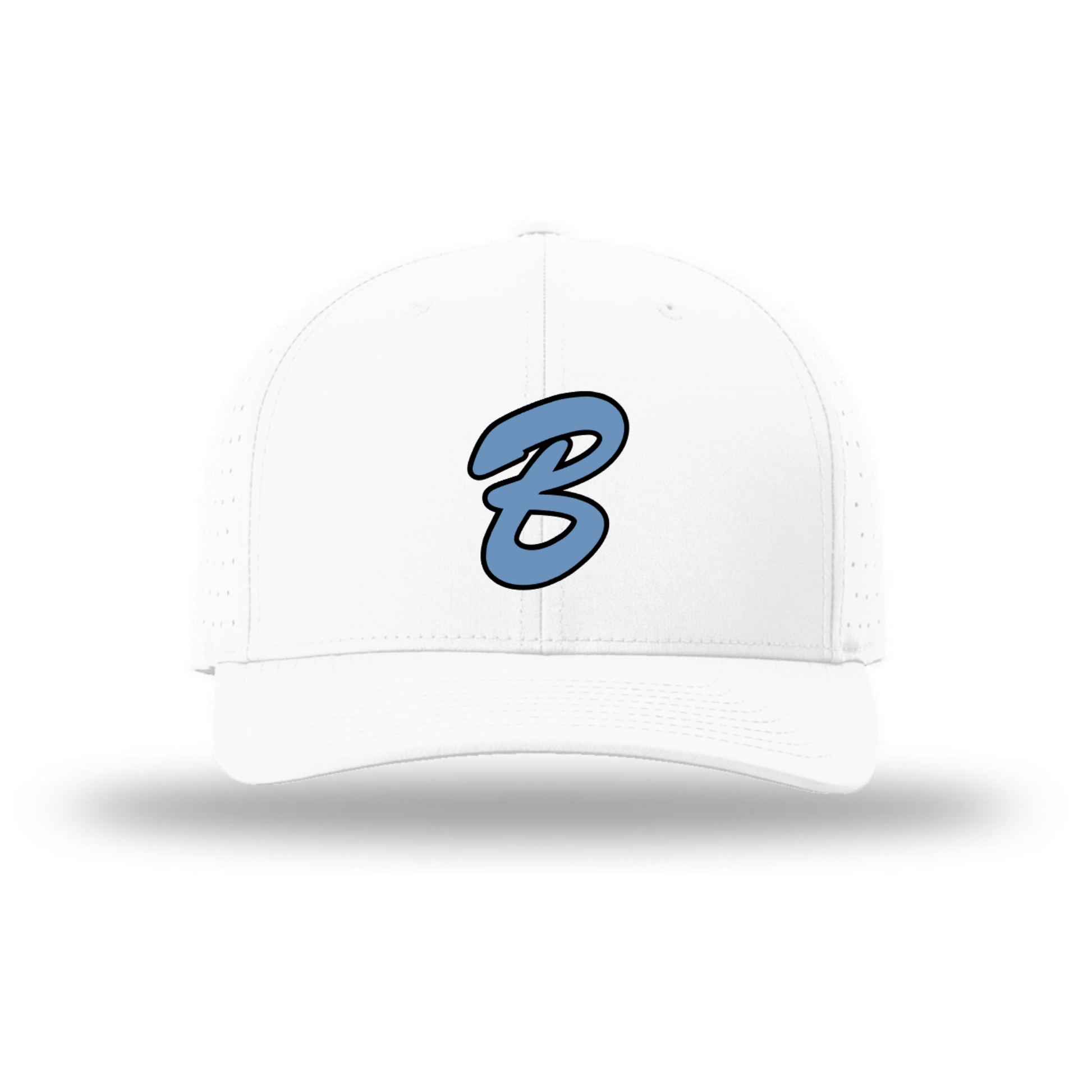 A white structured baseball cap with a curved brim, featuring a light blue embroidered stylized letter 'B' on the front, set against a plain white background with a soft drop shadow.