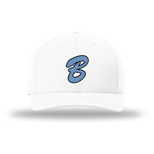 A white structured baseball cap with a curved brim, featuring a light blue embroidered stylized letter 'B' on the front, set against a plain white background with a soft drop shadow.