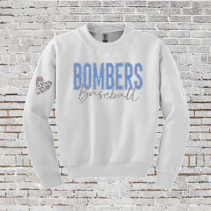Crewneck Glitter Bombers Baseball Sweatshirt, Black Bombers Sweatshirt, White Bombers Sweatshirt, Blue Bombers Sweatshirt