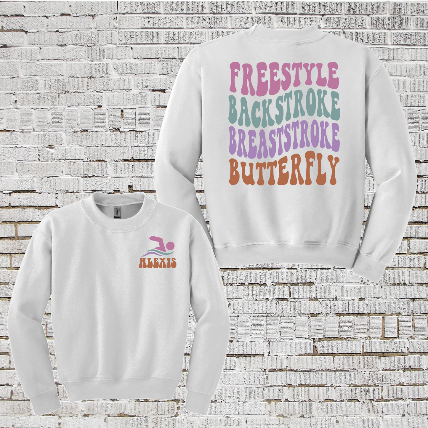 Personalized Name Swim Sweatshirt, Freestyle Backstroke Breaststroke Butterfly Swim Meet, Gift For Swimmer, Girls Swim Team Sweatshirt