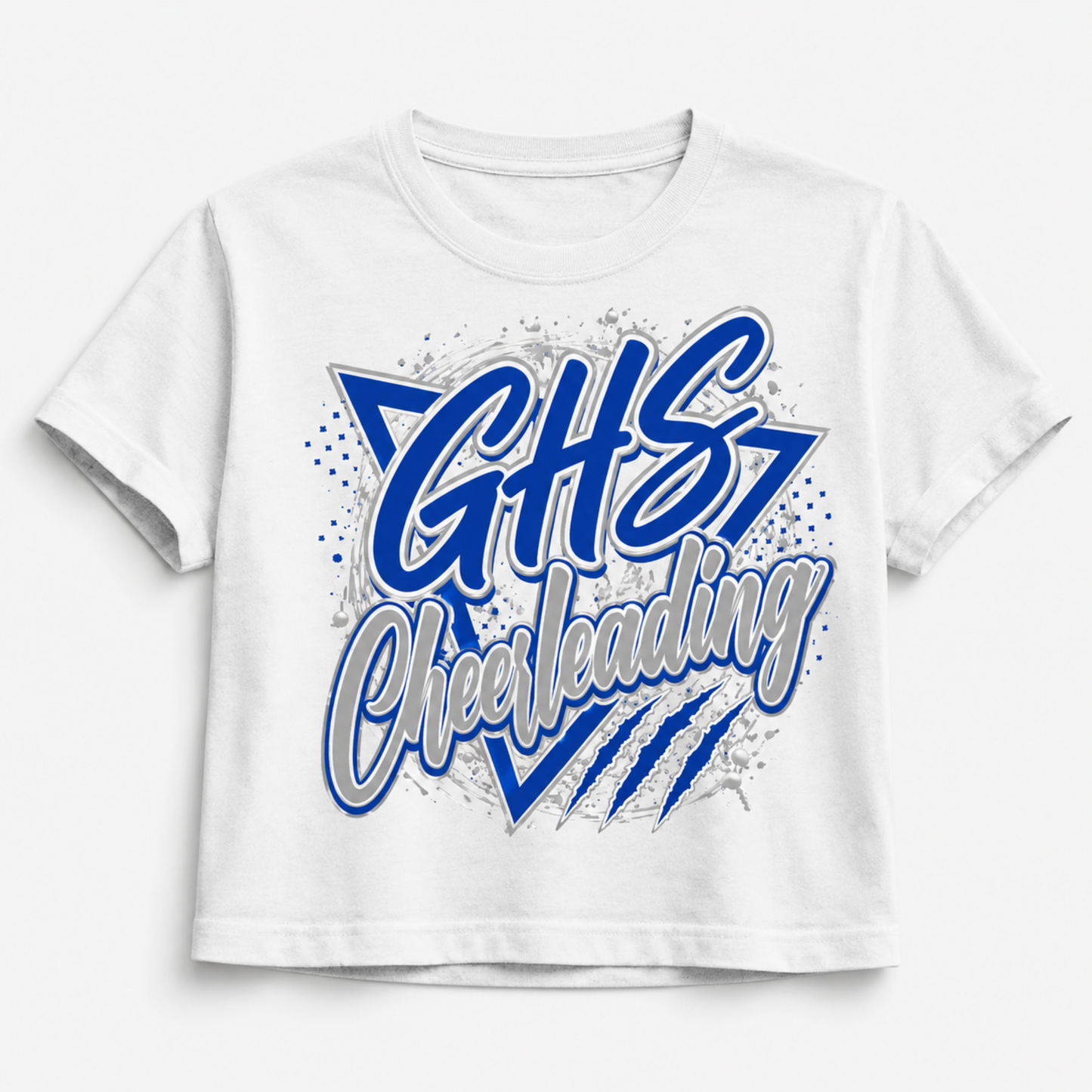 A white short-sleeve crop top t-shirt featuring a blue and gray graphic print that reads 'GHS Cheerleading' with star and stripe details, shown on a light gray background.