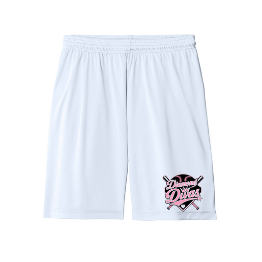 White Diamond Divas Softball performance shorts with pink and black team logo