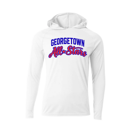 White hoodie with 'Georgetown All-Stars' text on a white background