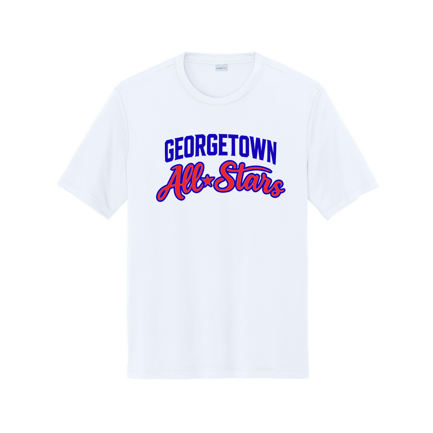 White t-shirt with 'Georgetown All-Stars' text in blue and red on a white background