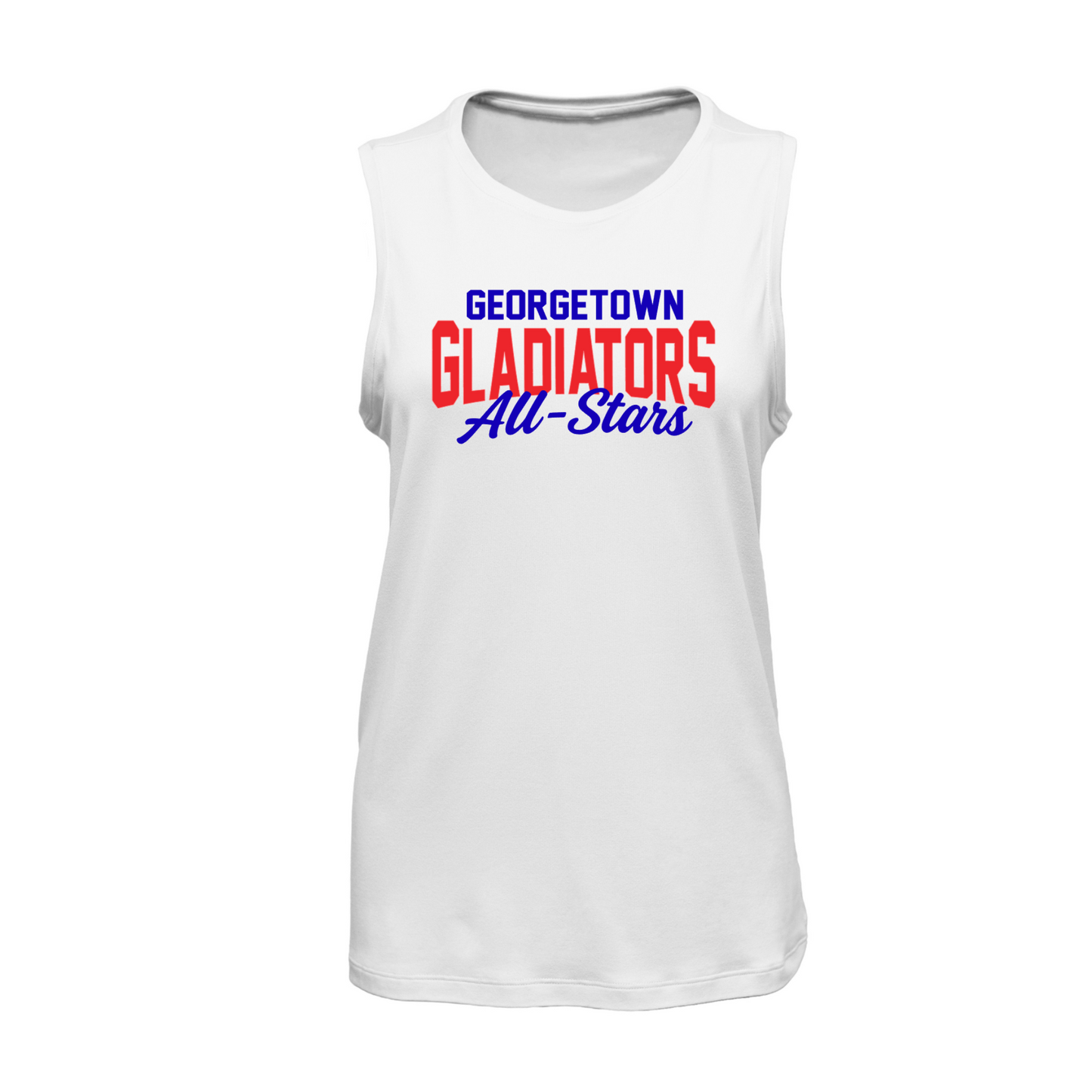 White sleeveless shirt with 'Georgetown Gladiators All-Stars' text on a white background