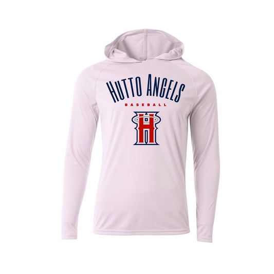 Hutto Angels Long Sleeve Hooded Shirt, White Angels Tee, Hutto Angels Baseball Shirt