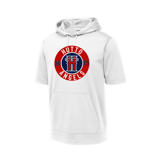White Hutto Angels Fleece Hooded Shirt, Hutto Angels Logo Short Sleeve Hoodie, Angels Baseball Spiritwear