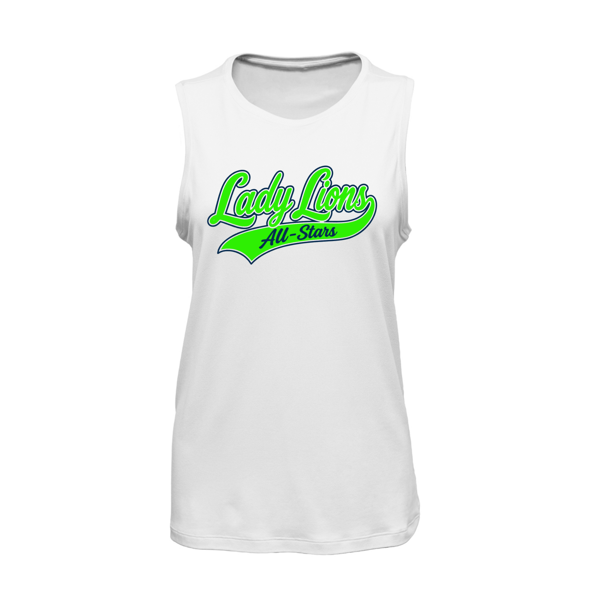 White sleeveless shirt with 'Lady Lions All-Stars' text in green on a white background