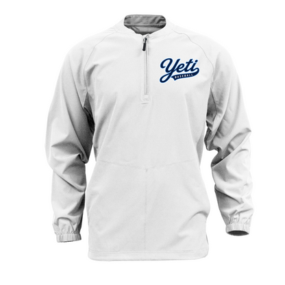 White jacket with 'Yeti Baseball' logo on a white background