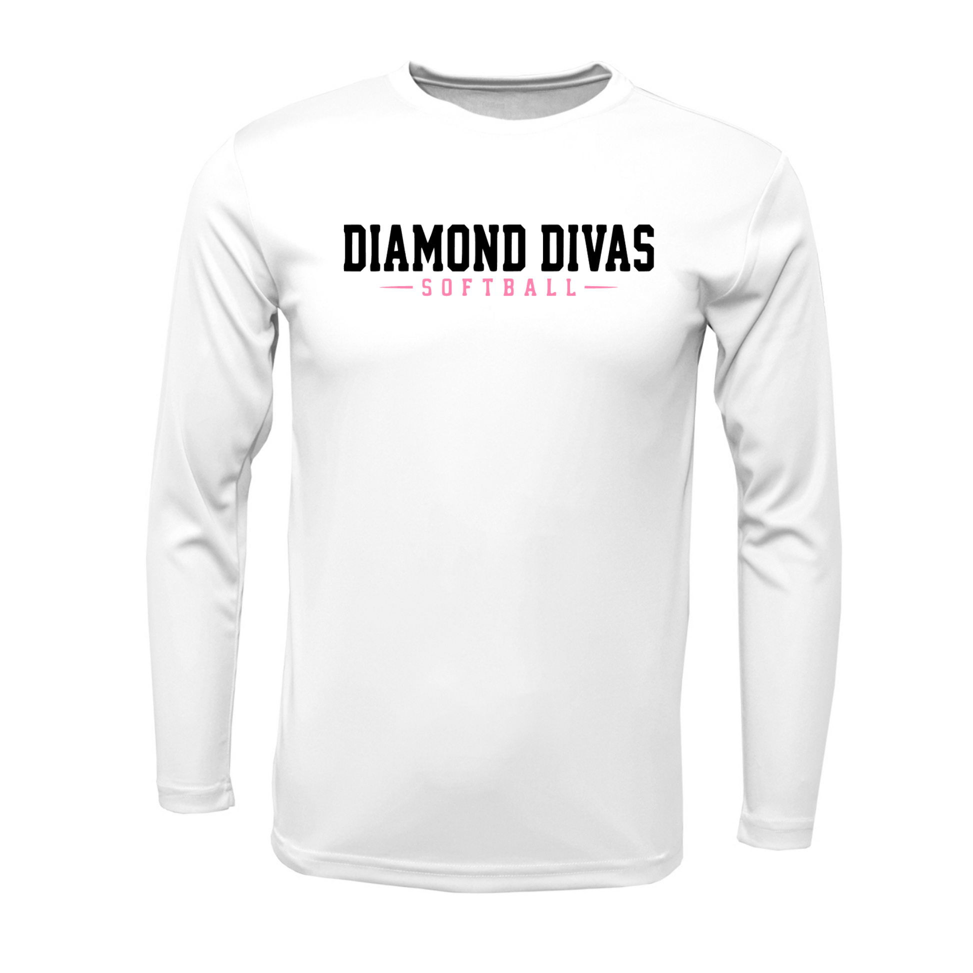 Diamond Divas Softball white long sleeve performance shirt with black and pink chest design