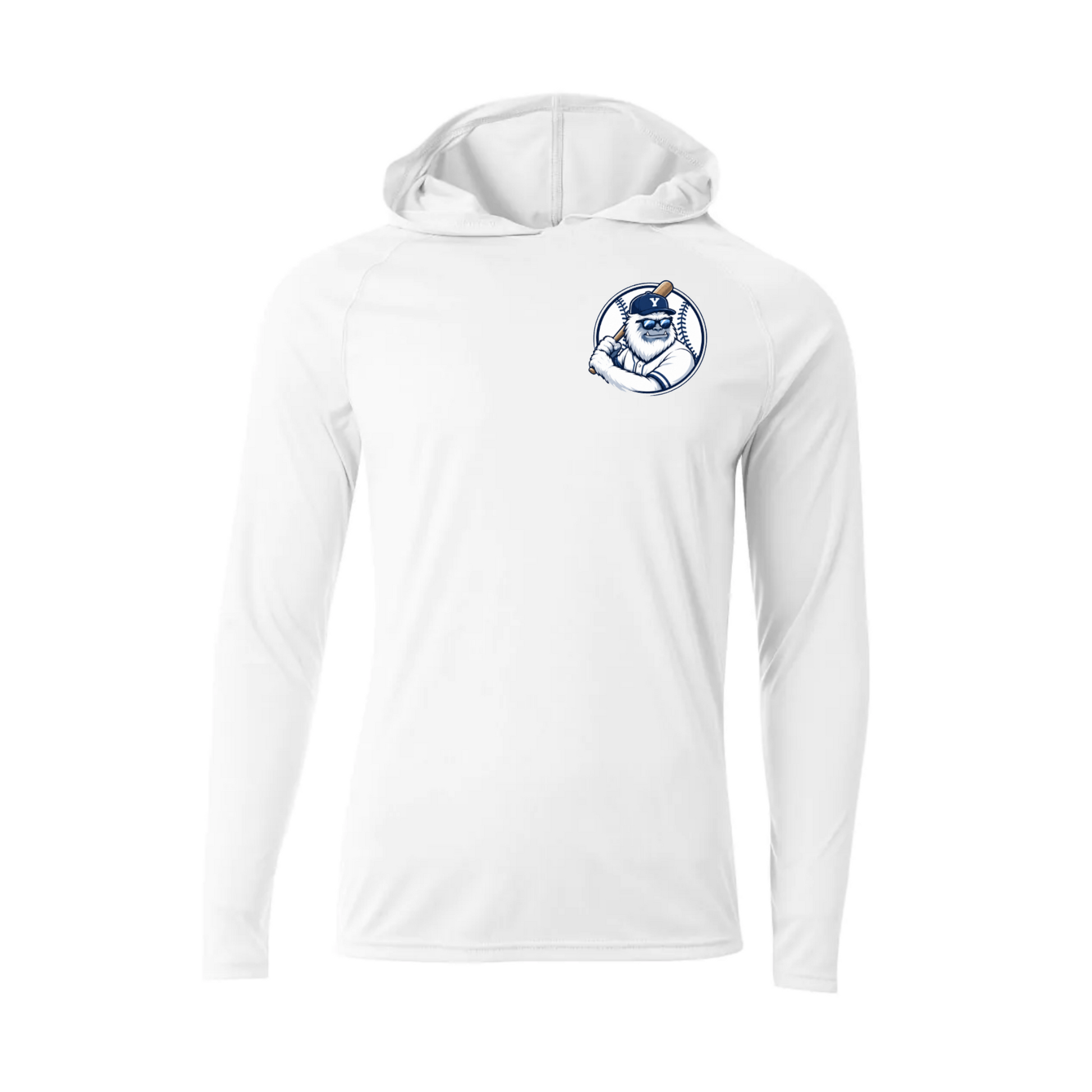 White hoodie with a logo on the chest against a white background