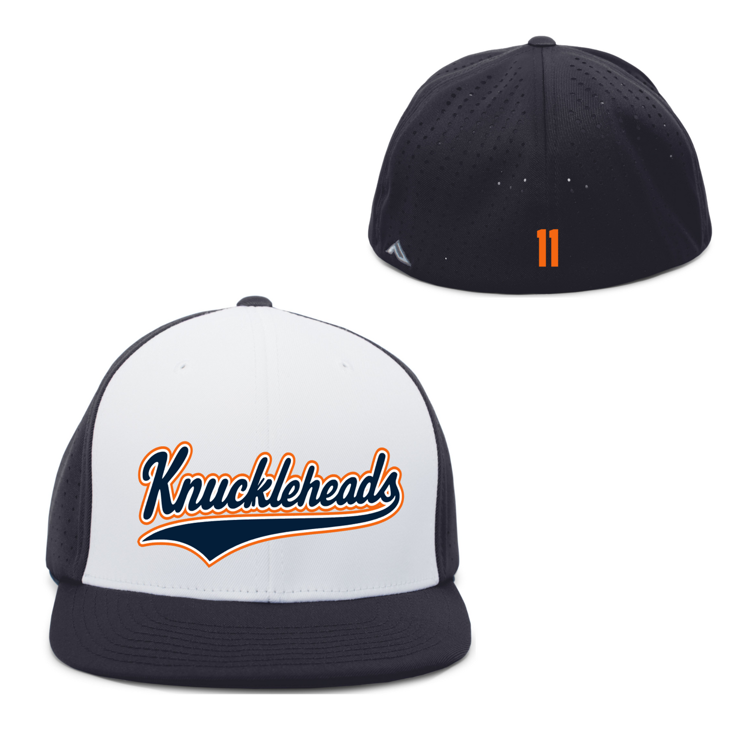 Two baseball caps, one navy and white with 'Knuckleheads' text, the other navy with orange number '11'.