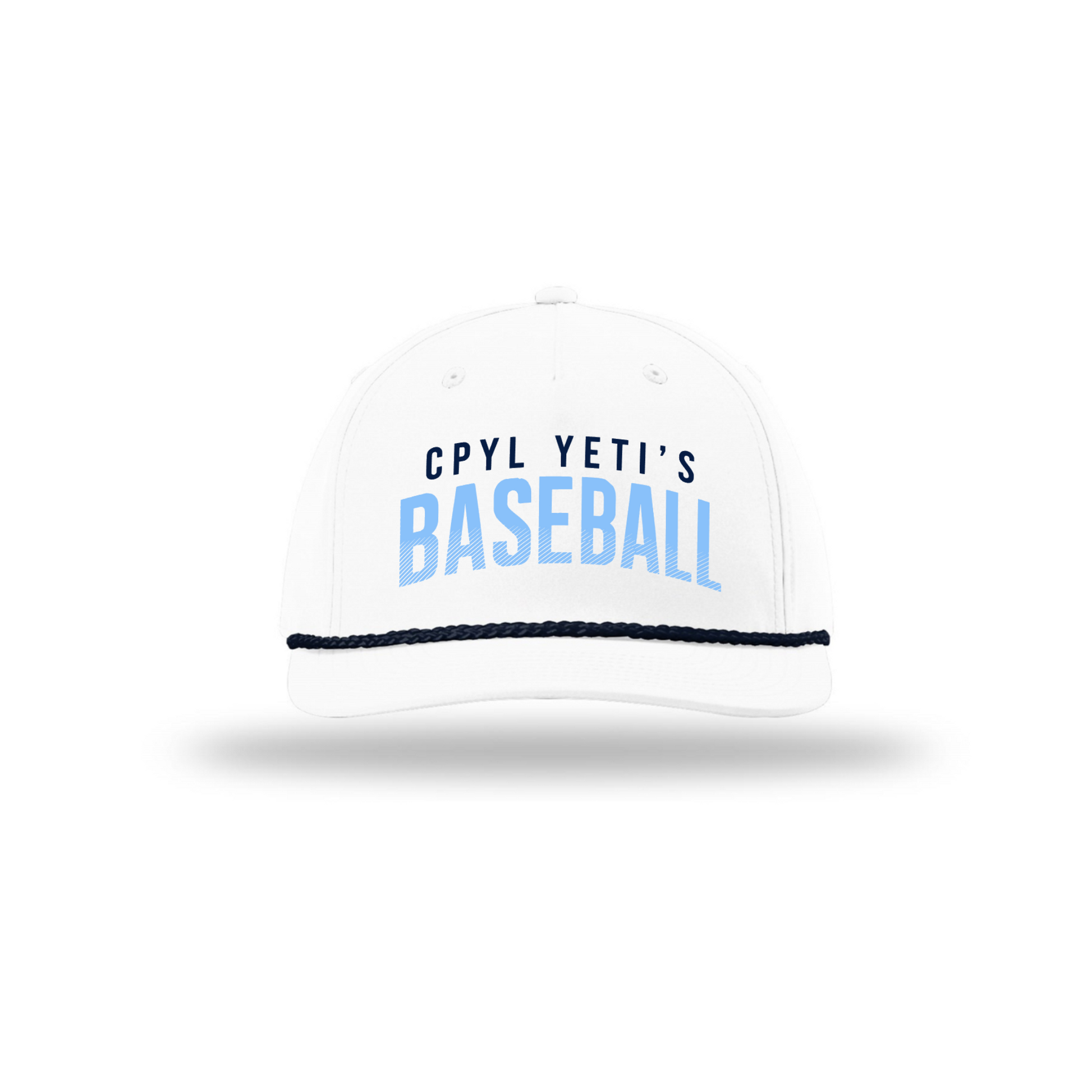 White baseball cap with 'CPYL YETI'S BASEBALL' text on a white background