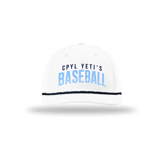 White baseball cap with 'CPYL YETI'S BASEBALL' text on a white background