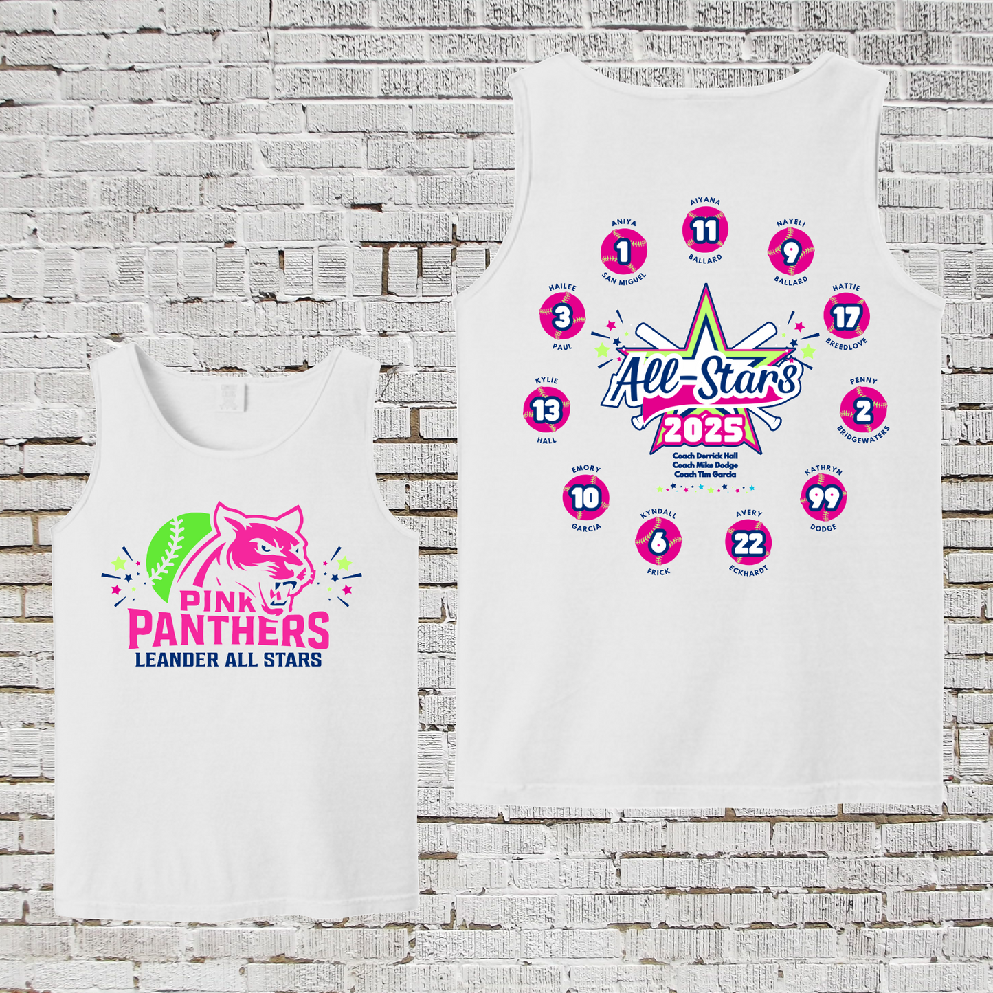 White Summer 2025 Roster Pink Panthers Tank Top, Pink Panthers Spirit Wear, Leander Softball Allstars Tank
