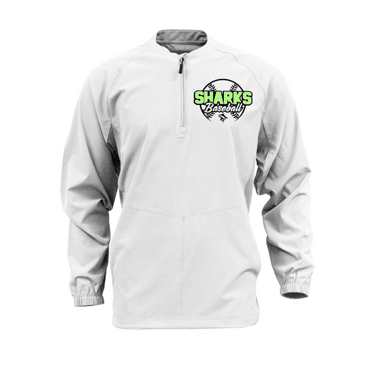 Long Sleeve White Cage Jacket – Sharks Baseball Logo | Team Warm-Up Top