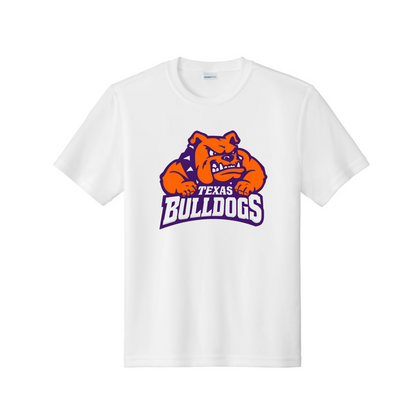 White t-shirt with Texas Bulldogs logo on a white background