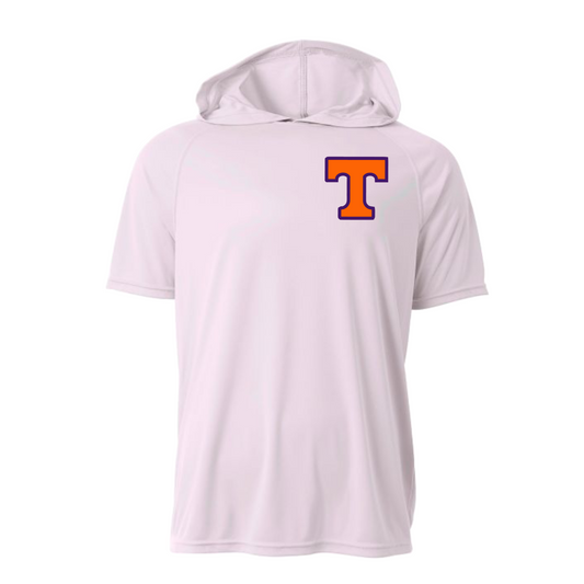 White hoodie with orange and blue logo on a white background