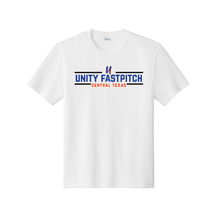 White DriFit Unity Fastpitch Shirt – Unity Fastpitch Central Texas Logo | Performance Softball Training Tee