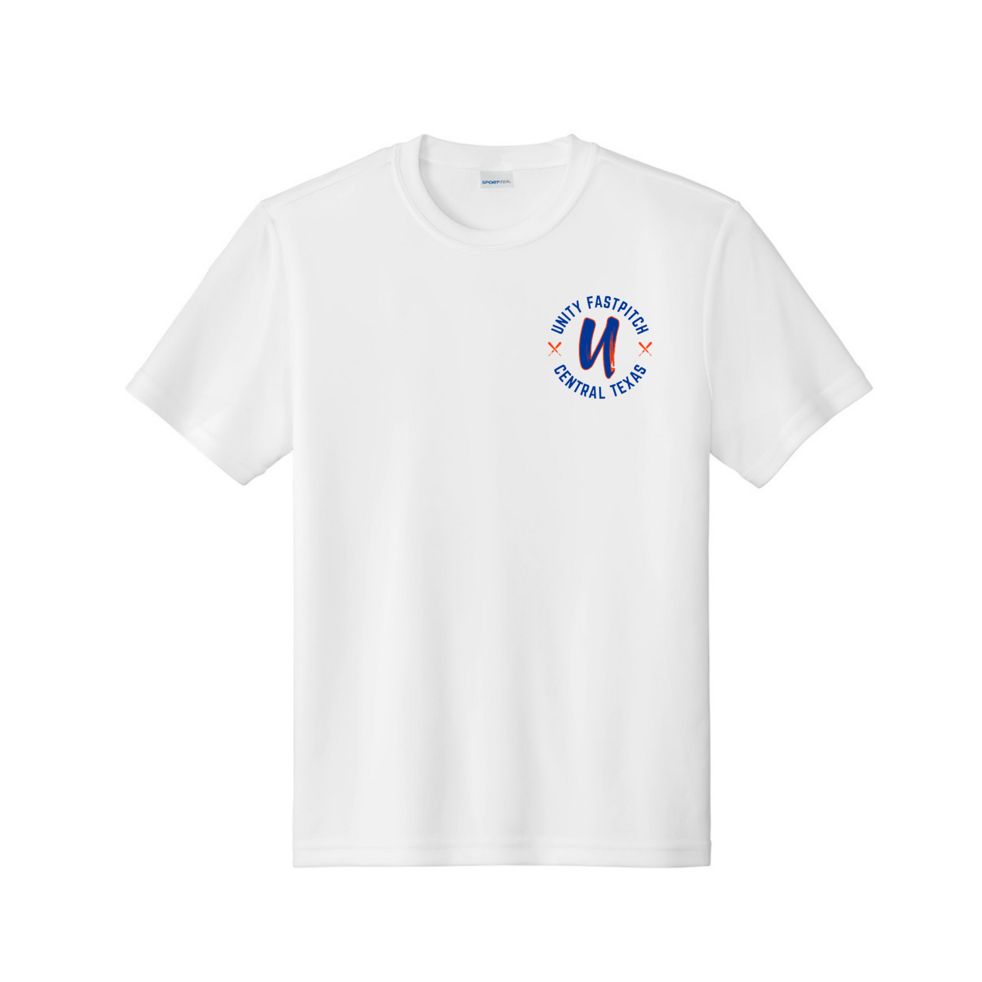 White t-shirt with a Unity Fastpitch Logo on a white background