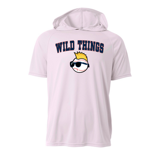 White DriFit Short Sleeve Hooded Shirt – Performance Baseball Hoodie Tee with Wild Things Logo