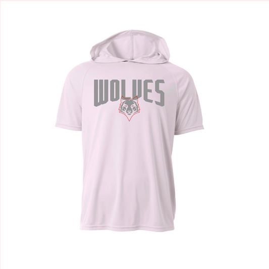 White Hooded Wolves Baseball Shirt, Short Sleeve Hooded Tee, Wolves Logo'd Baseball Spiritwear