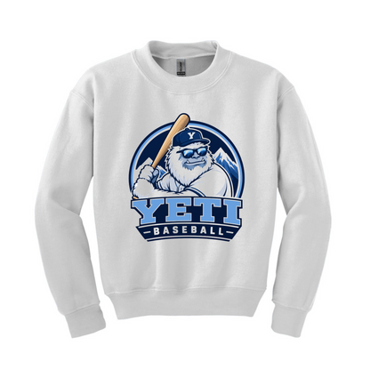 White sweatshirt with Yeti baseball design on a white background