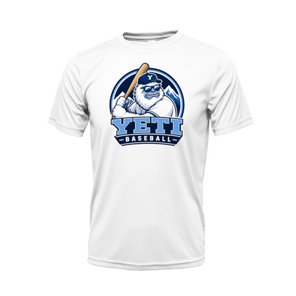 White t-shirt with YETI Baseball logo featuring a bear holding a baseball bat on a white background