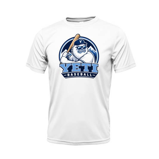 White t-shirt with YETI Baseball logo featuring a bear holding a baseball bat on a white background