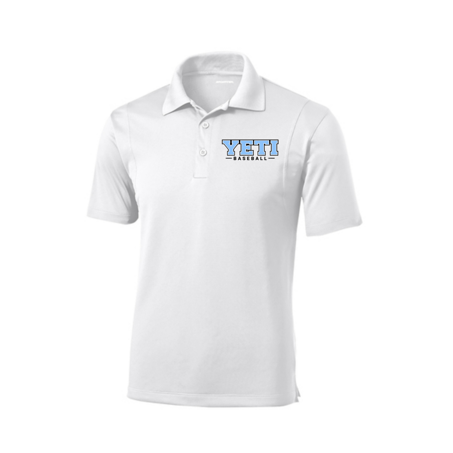 White polo shirt with a logo on a white background