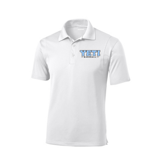 White polo shirt with a logo on a white background