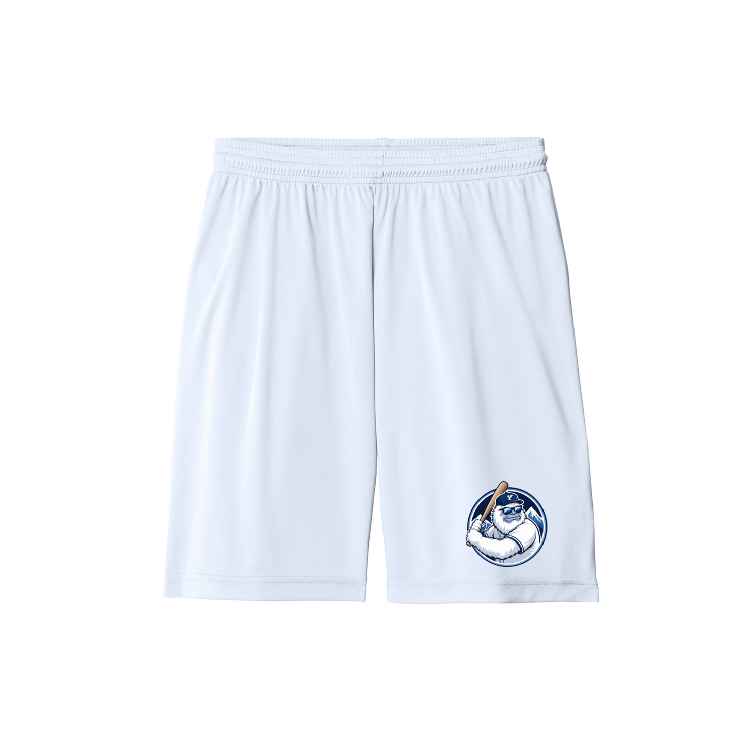 White shorts with a logo on a white background