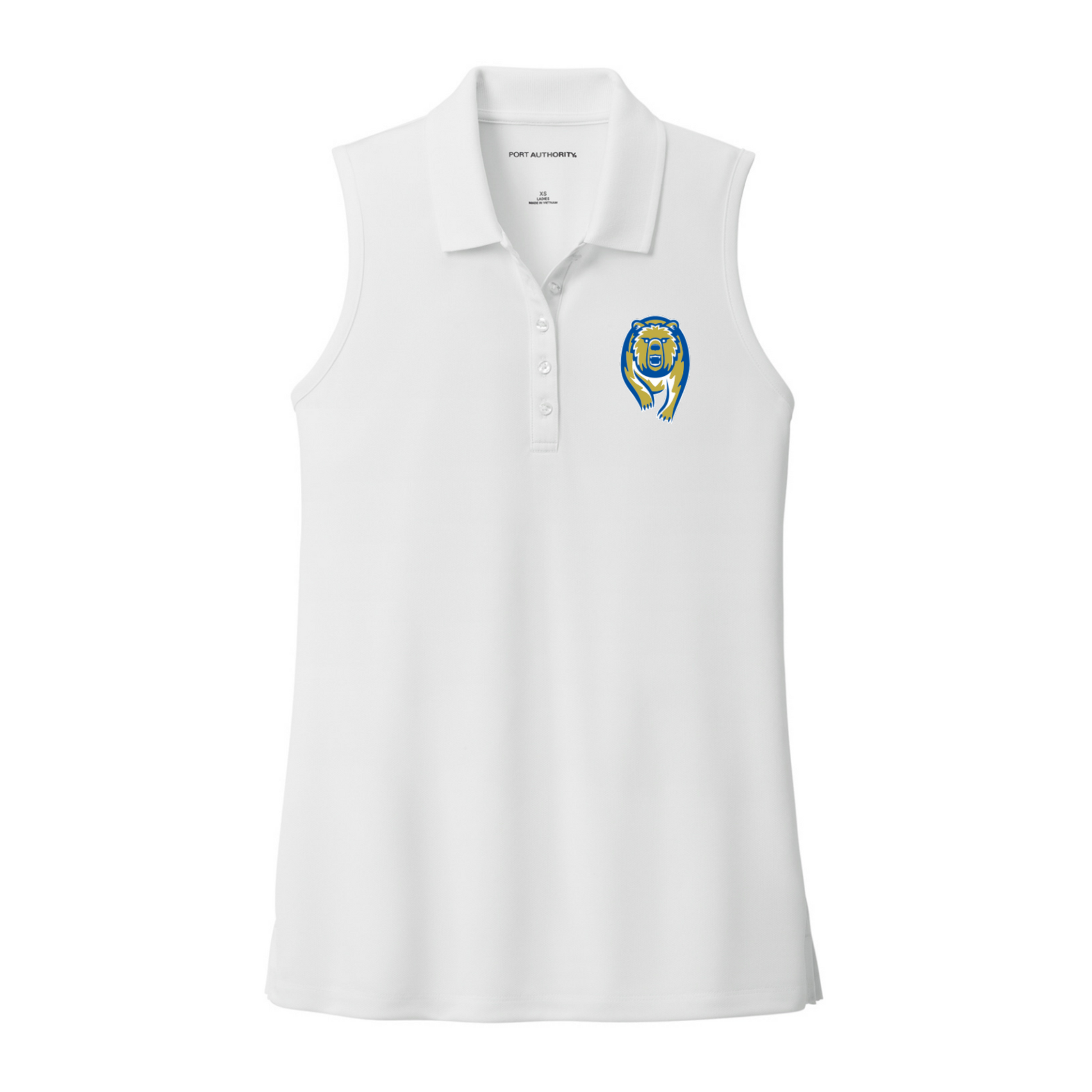White sleeveless polo shirt with a logo on a white background