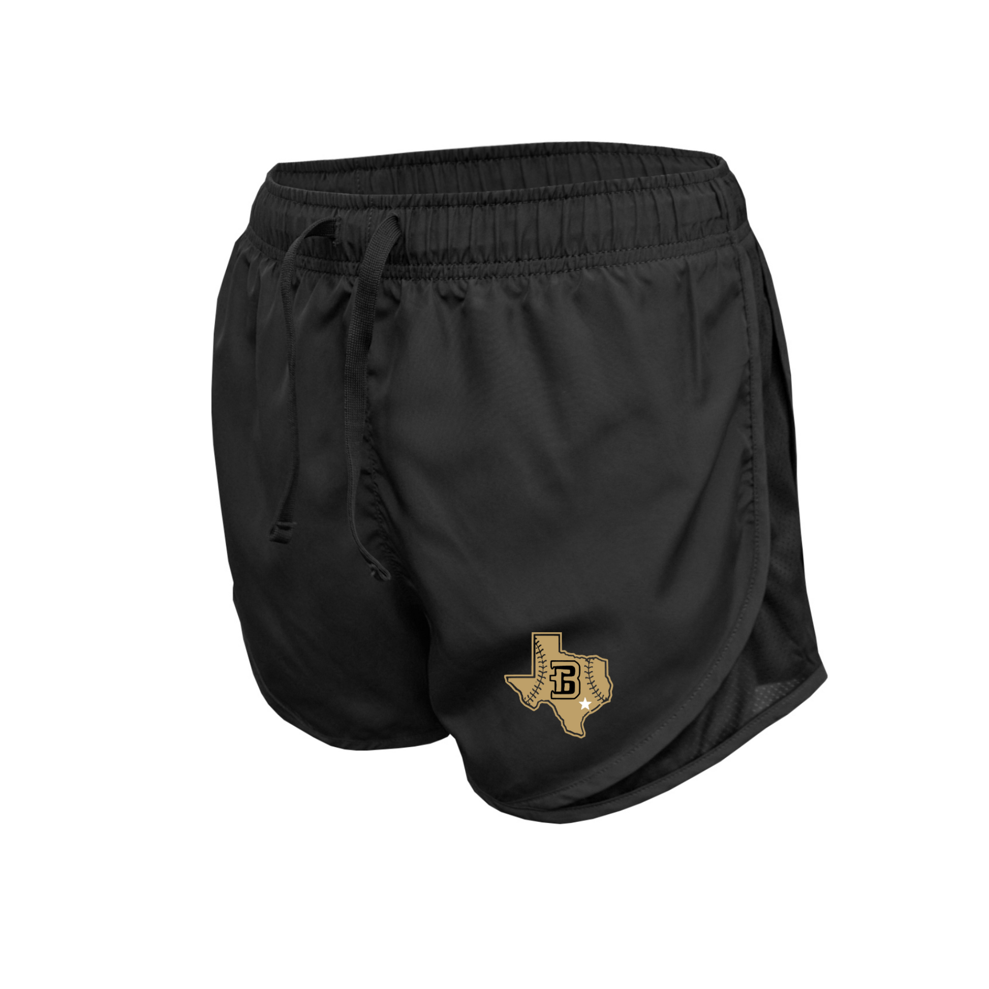 Bison Baseball women’s black athletic shorts with gold Texas B logo