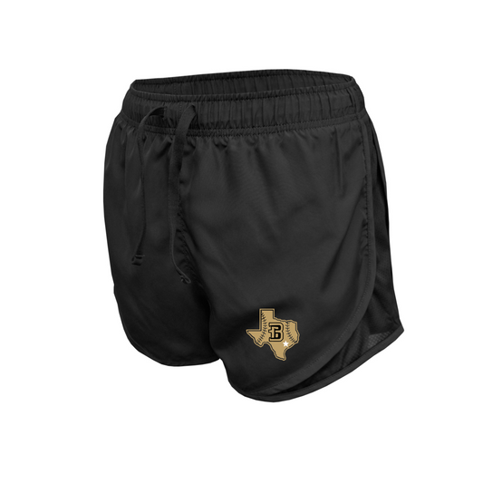 Bison Baseball women’s black athletic shorts with gold Texas B logo
