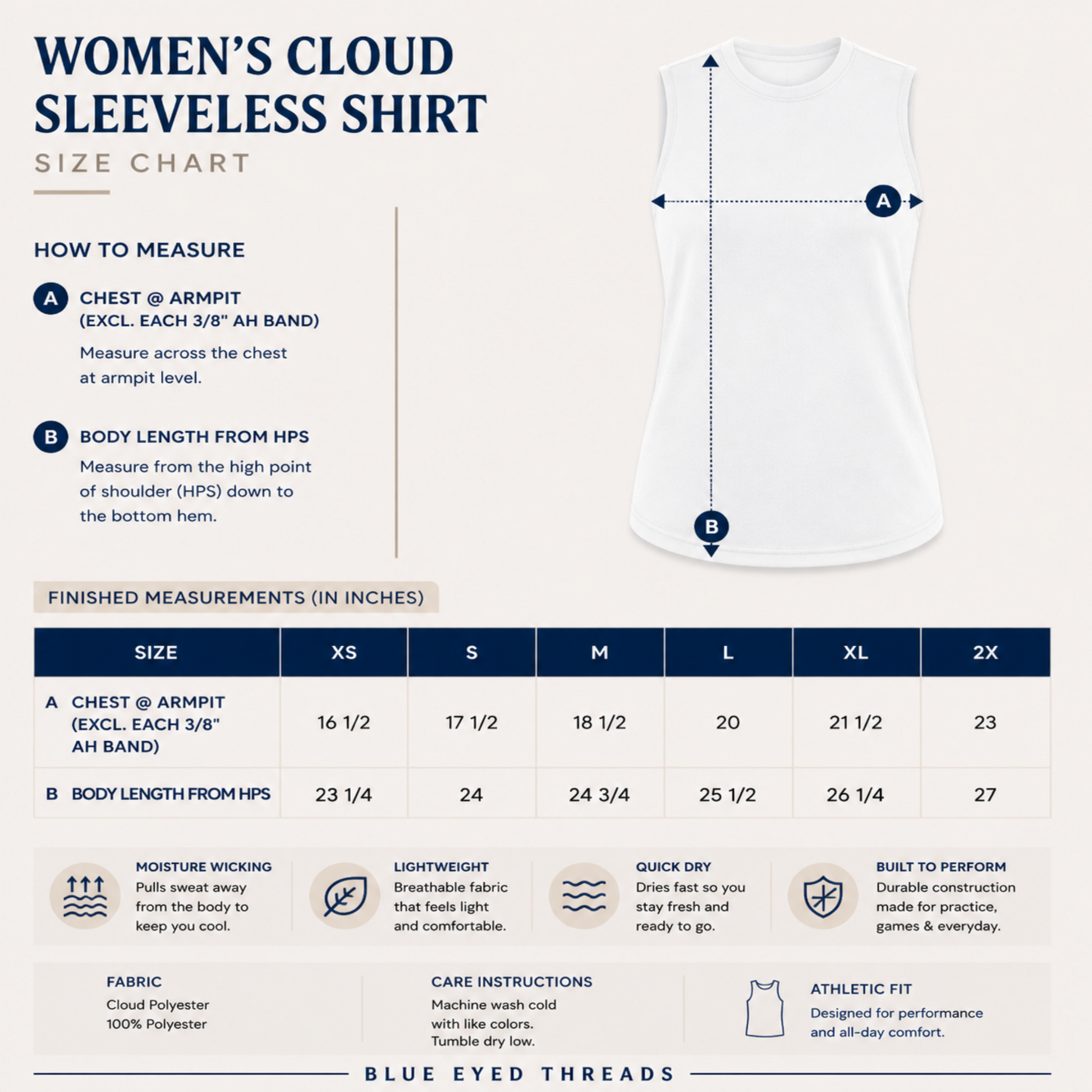 Women's Cloud Sleeveless Shirt size chart with measurements and features.