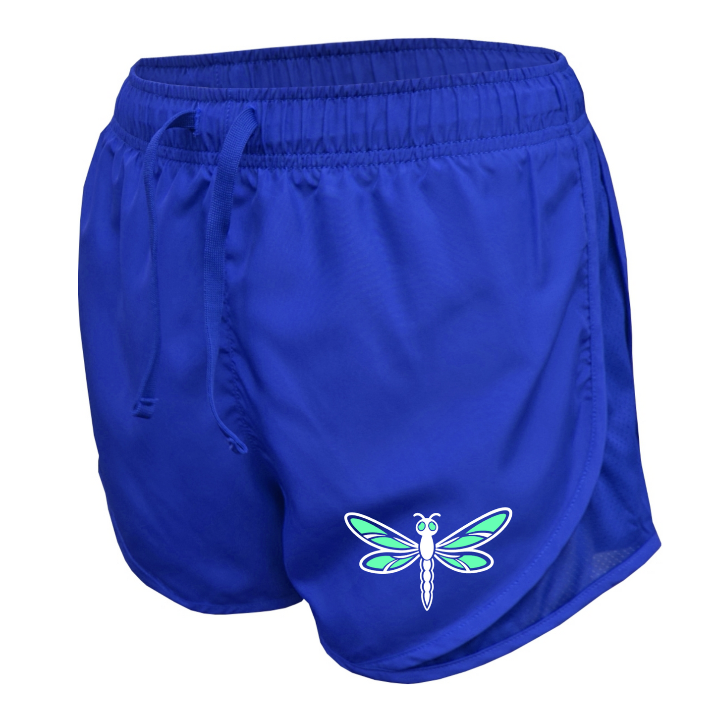 Royal blue Hutto Dragonflies women's athletic shorts with mint and white dragonfly logo