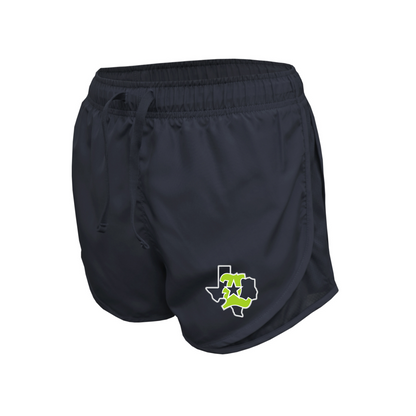 Black shorts with a logo on a white background