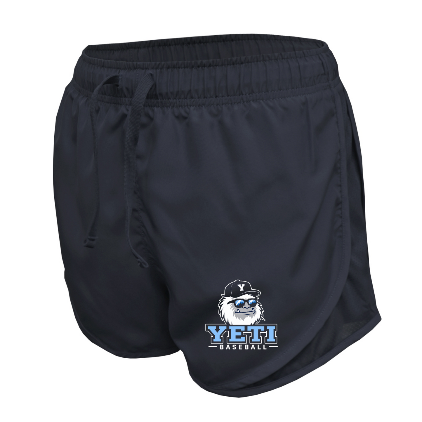 Navy shorts with YETI BASEBALL logo on a white background