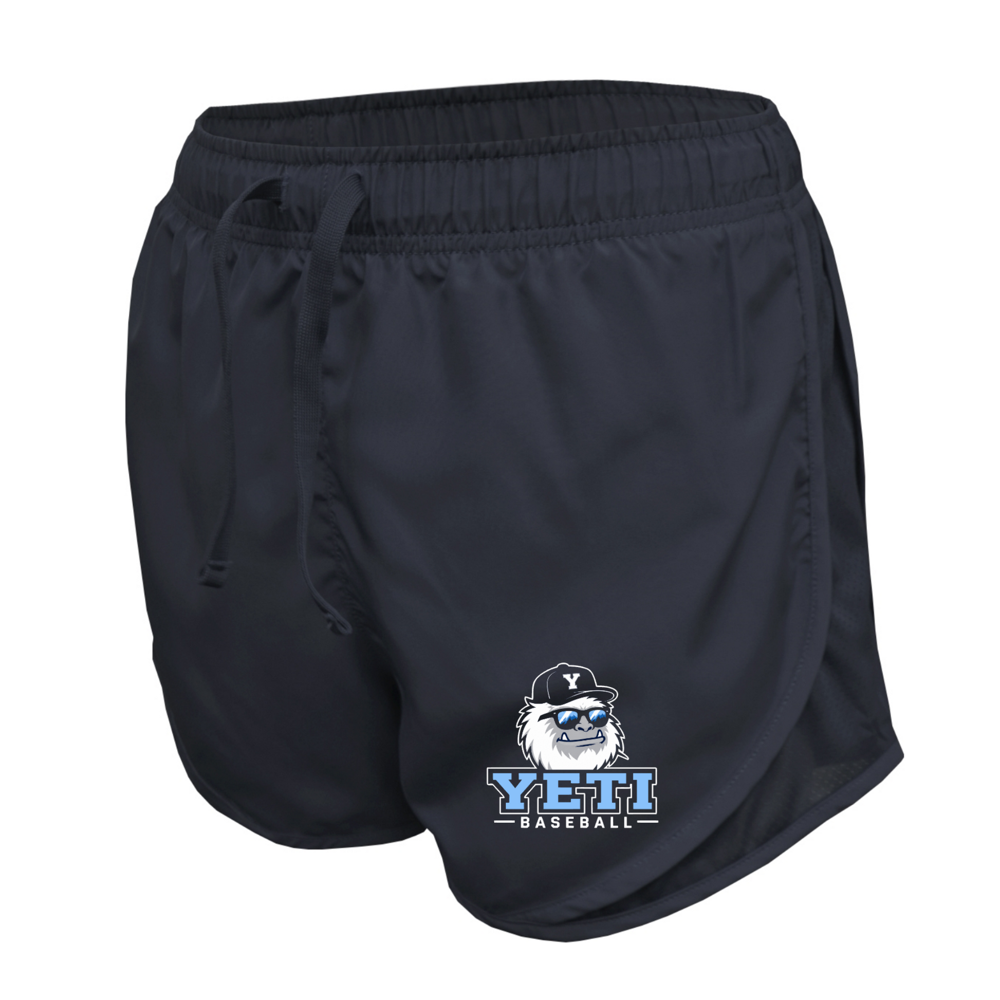 Navy shorts with YETI BASEBALL logo on a white background