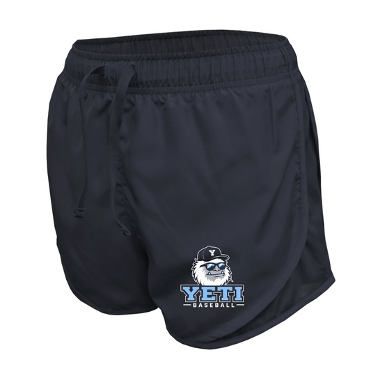 Navy shorts with YETI BASEBALL logo on a white background
