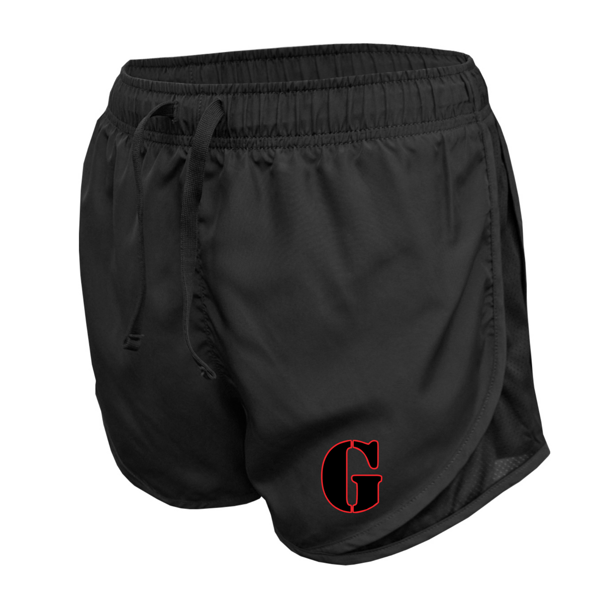 Black Gunners Baseball women's athletic shorts with red outlined G logo